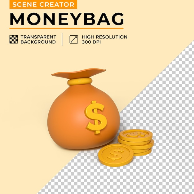 Illustrazione 3d del creatore di scene moneybag e coin