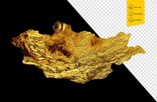 PSD モンゴルの地図 黄金の金属の色 黒い背景の地図 3dイラスト