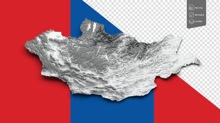 PSD 蒙古地图灰色和白色阴影浮雕颜色高度地图蒙古国旗背景3d插图