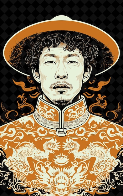 PSD mongolian man portrait wearing a traditional deel coat and a vivid color design png collections