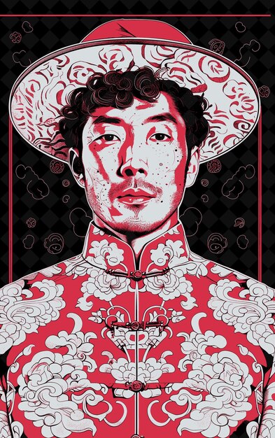 mongolian man portrait wearing a traditional deel coat and a vivid color design png collections