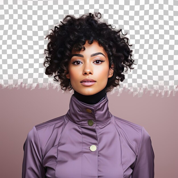 PSD mongolic audiologist confused kinky haired woman posing in jacket collar pastel lilac backdrop