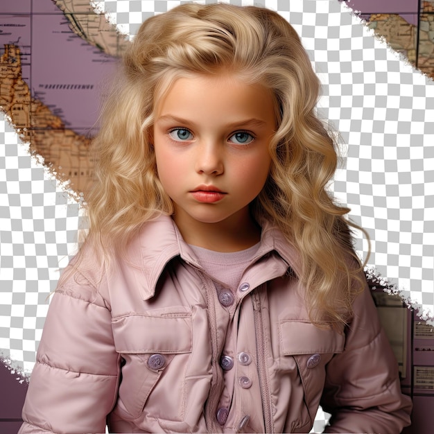 PSD mongolic child pensive collecting stamp girl blonde hair finger on lips lilac background