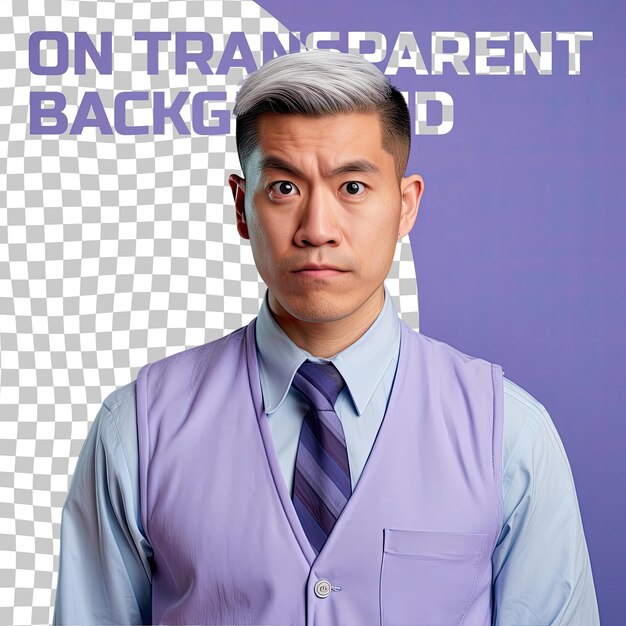 Mongolic locksmith indifferent man short hair sideways glance periwinkle background