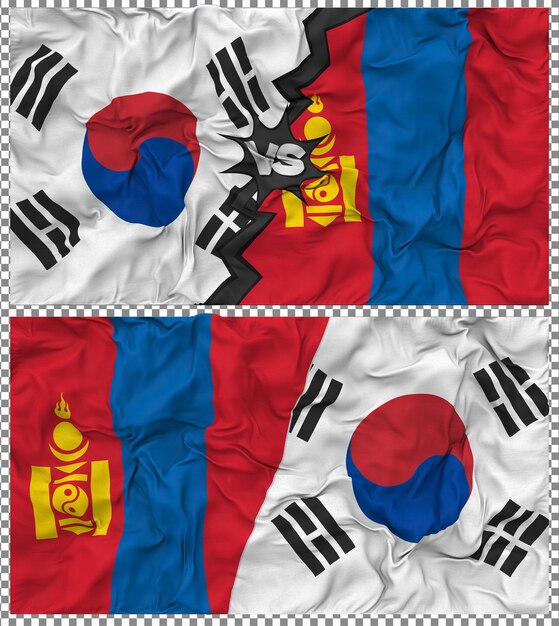 Mongolië versus Zuid-Korea Half Combined Flag Cloth Bump Texture 3D Rendering