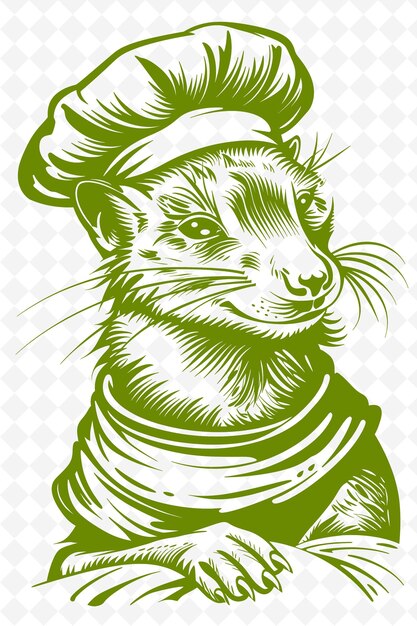 PSD mongoose con un cappello da chef e un poster di espressione astuta desi animals sketch art vector collections