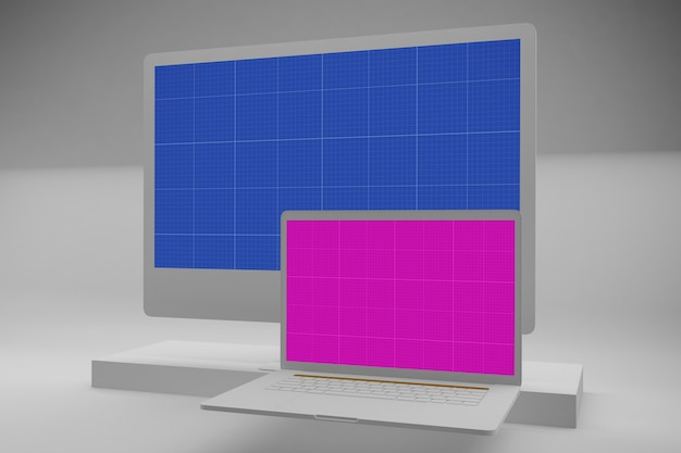 Monitor computer met mockup-scherm, desktopcomputer en laptop