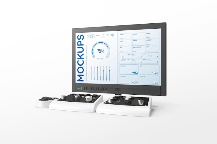 PSD monitor device mockup met psd-sjabloon op het bedieningspaneel