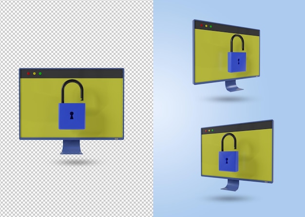 Monitor icon set with unlocked padlock active monitor concept 3d render psd file