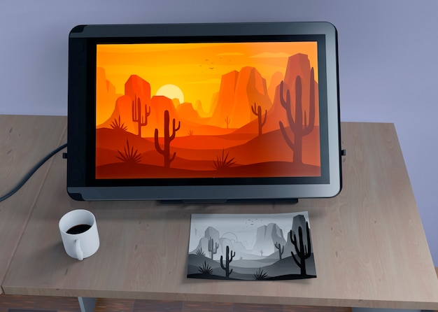 Monitor with nature landscape and sketch