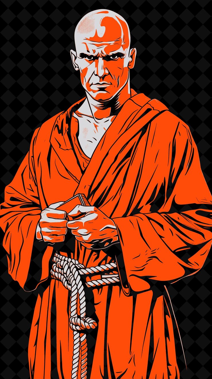 PSD monk man portrait in a brown robe and rope belt holding a bi vivid color design png collections