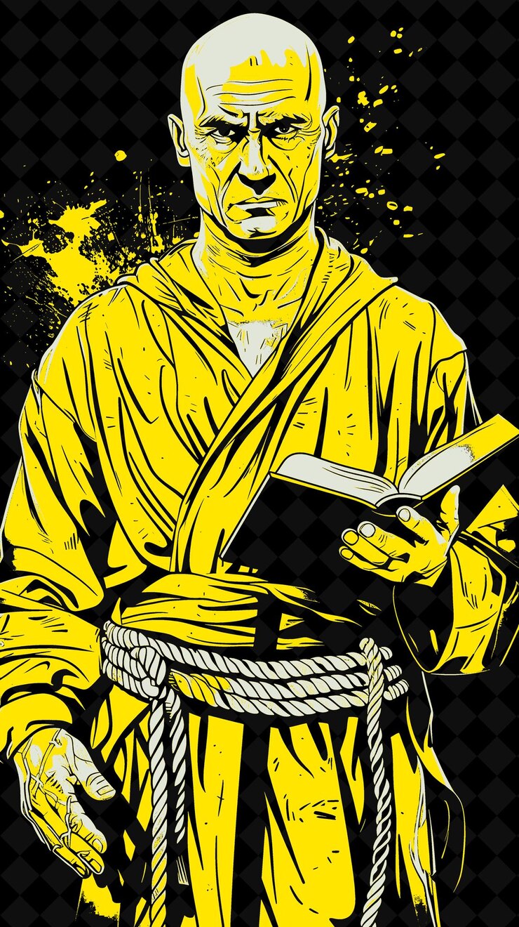 PSD monk man portrait in a brown robe and rope belt holding a bi vivid color design png collections