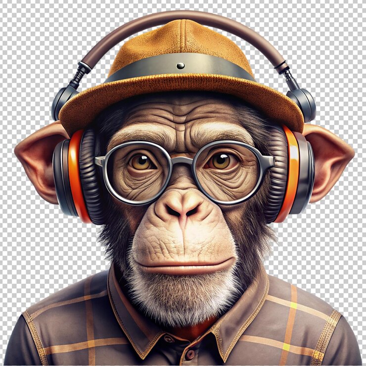 PSD a monkey in a hat headphones and glasses hipster on transparent background