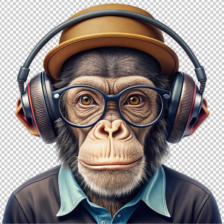 PSD a monkey in a hat headphones and glasses hipster on transparent background