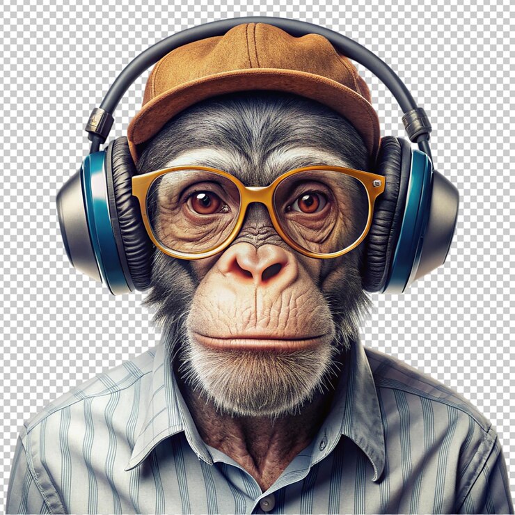 PSD a monkey in a hat headphones and glasses hipster on transparent background