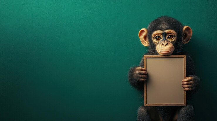 PSD a monkey holding a blank frame against a green backdrop