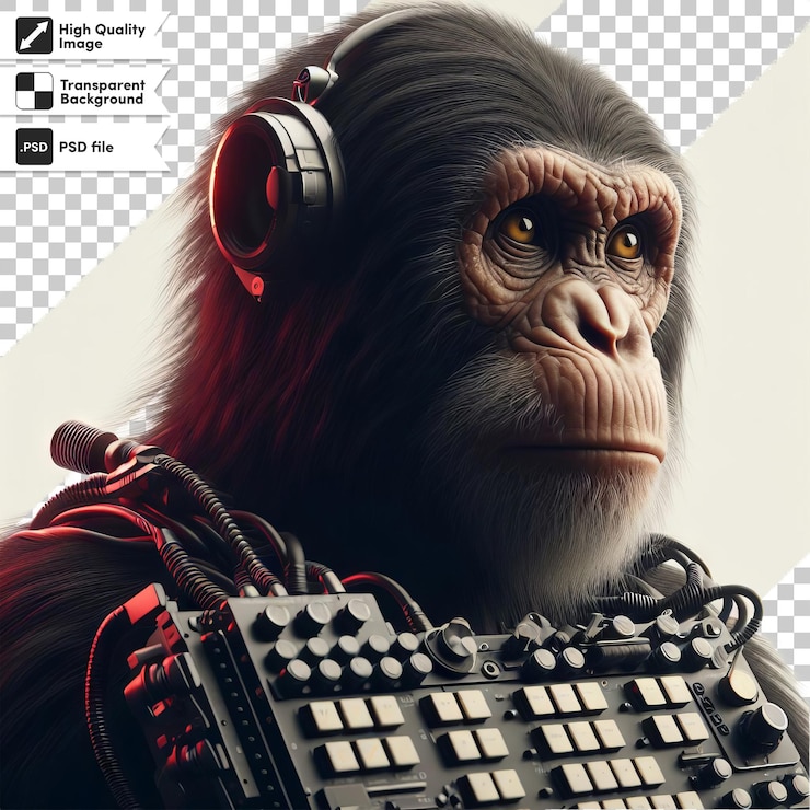 PSD a monkey with headphones on and a keyboard with the words monkey on it