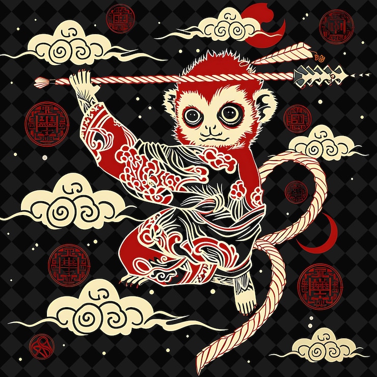 PSD a monkey with a red shirt on with chinese symbols on it