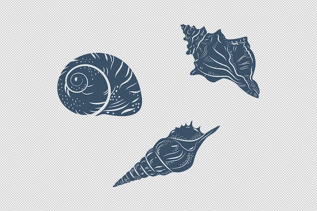 PSD monochrome blue seashells collection isolated decorative elements