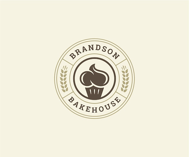 Monochrome circle pastry cafe shop logo template design with cupcake and wheat vector