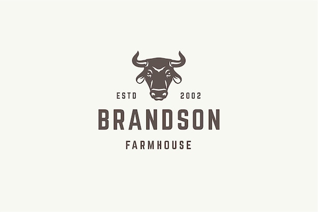 monochrome farm local market logo template design bull cow head organic animal beef meat