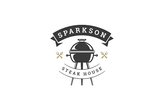 Monochrome grill barbecue cafe bistro logo design template with decorative ribbon