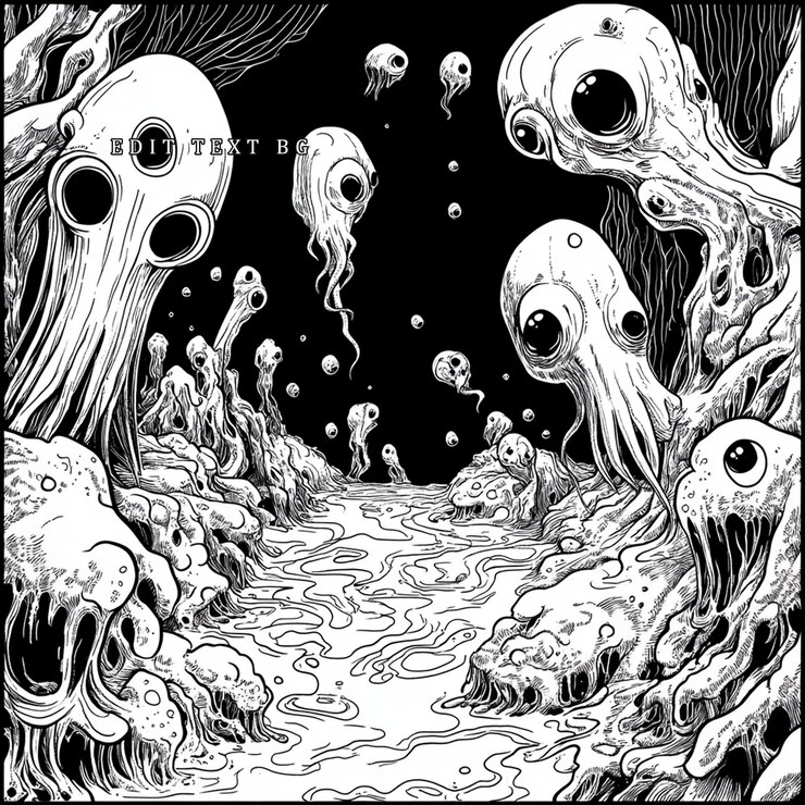 PSD monochrome illustration of bizarre bioluminescent creatures inhabiting a dark underwater landscape