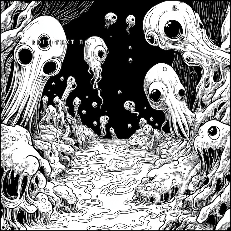 PSD monochrome illustration of bizarre bioluminescent creatures inhabiting a dark underwater landscape