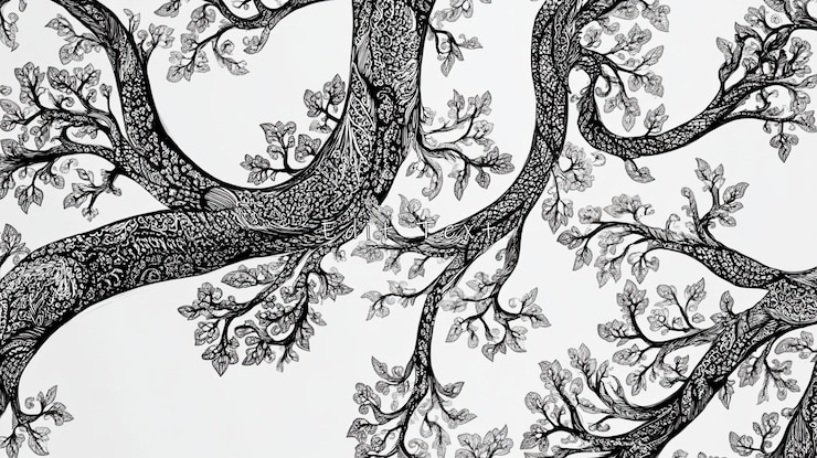 PSD monochrome illustration of intertwining tree branches and leaves