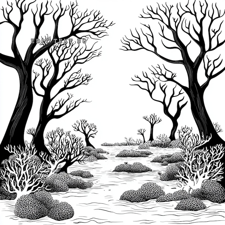 PSD monochrome illustration of leafless trees and rocky stream