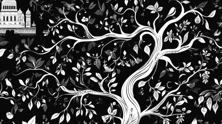 PSD monochrome illustration of a sprawling tree with intricate details birds and a small building at the base