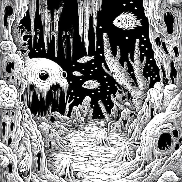 PSD monochrome illustration of a surreal underwater scene with bizarre creatures and coral