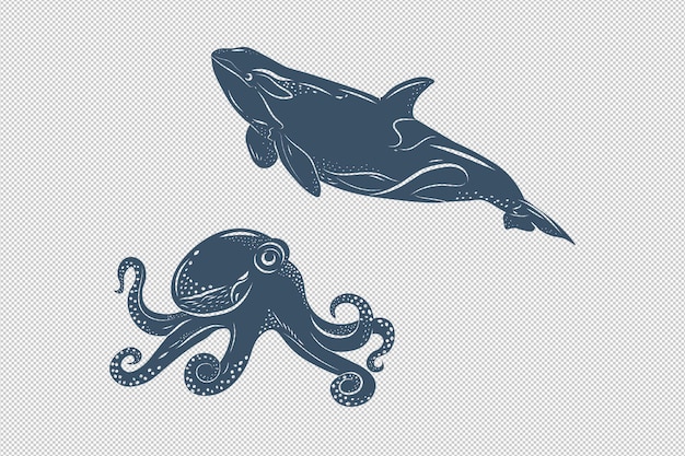 Monochrome isolated decorative elements whale and octopus