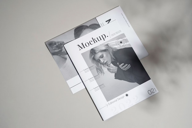 Monochrome magazine mock-up design with shadow overlay