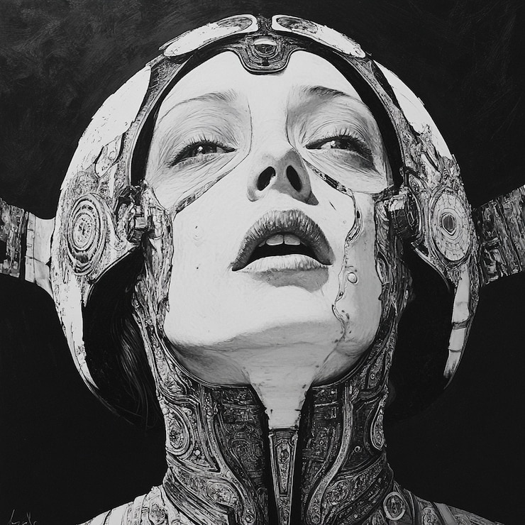 PSD monochrome portrait of a woman in a futuristic helmet tears streaming down her face