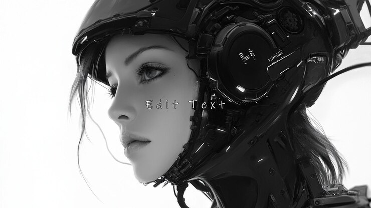 PSD 未来的なヘルメットをかぶった女性のモノクロム肖像画