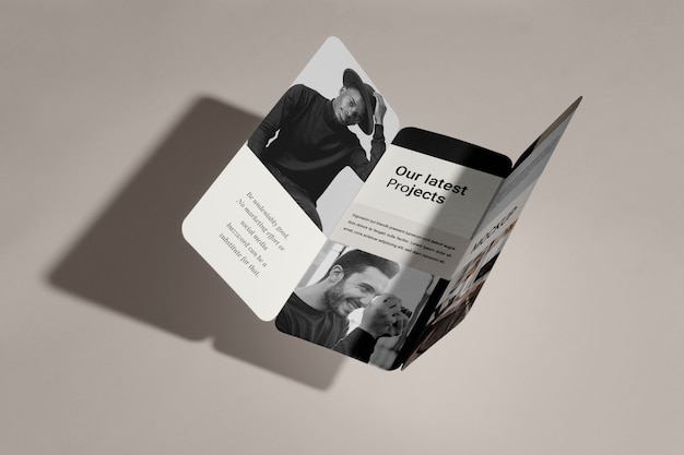 monochrome trifold business brochure mock-up with shadow