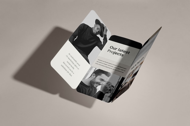 PSD monochrome trifold business brochure mock-up with shadow