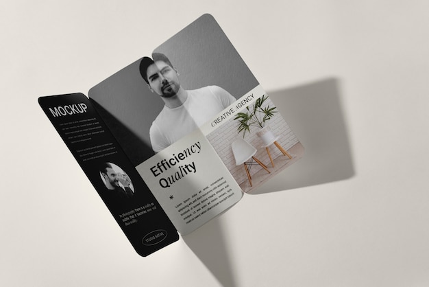 PSD monochrome trifold business brochure mock-up with shadow