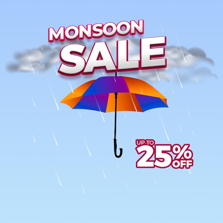 PSD monsoon sale up to 25 off with colorful umbrella