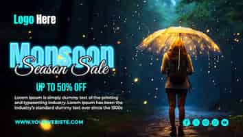 PSD modello di poster e banner per i social media per la vendita della stagione dei monsoni