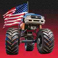 PSD monster truck with american flag on transparent background