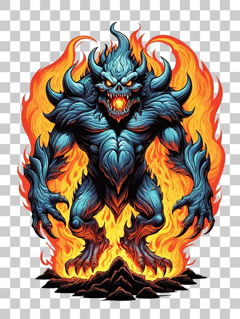 PSD monster with fire flames cartoon style isolated on transparent background illustration