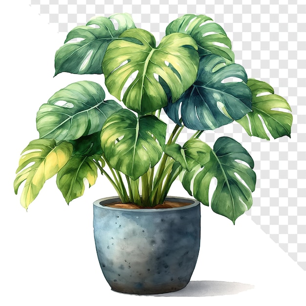 Monstera plant in pot watercolor illustration on transparent background