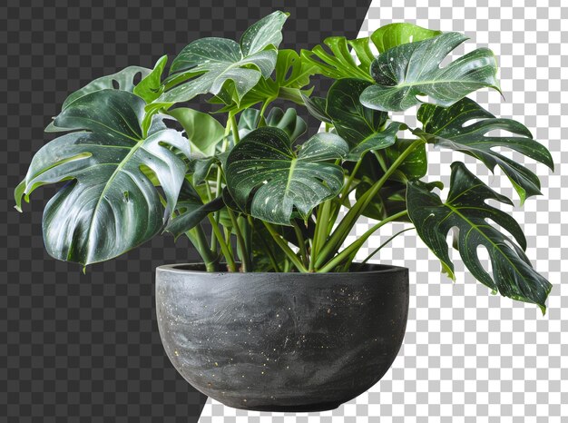 PSD monstera plant with glossy leaves in modern grey pot on transparent background stock png