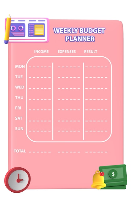 PSD month and week budget planner with 3d object illustration and table of numbers psd format