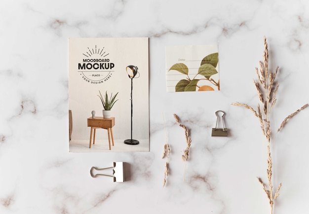 Moodboard mock-up with marble background