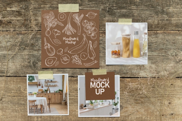 PSD mock-up moodboard con fondo in legno