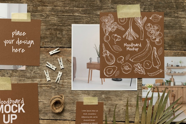 Moodboard mock-up with wood background