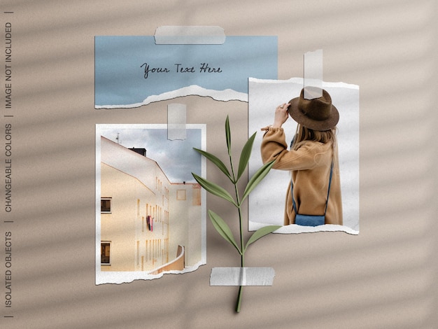 Moodboard-mockup aan de muur met gescheurde fotolijstkaartcollage frame